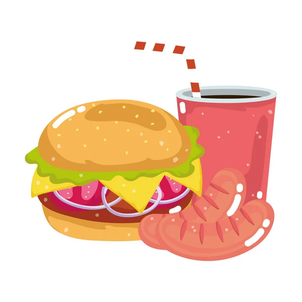 Fast food salsicha hambúrguer e refrigerante restaurante menu insalubre — Vetor de Stock