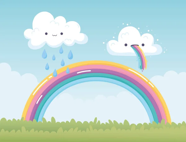 rainbow with clouds tongue and rain grass landscape decoration cartoon
