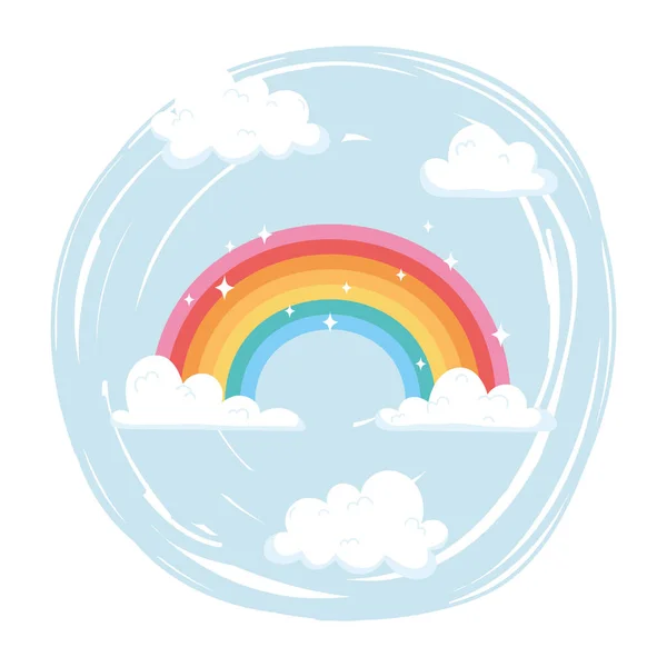 Arco iris brillante con nubes cielo tiempo dibujos animados — Vector de stock