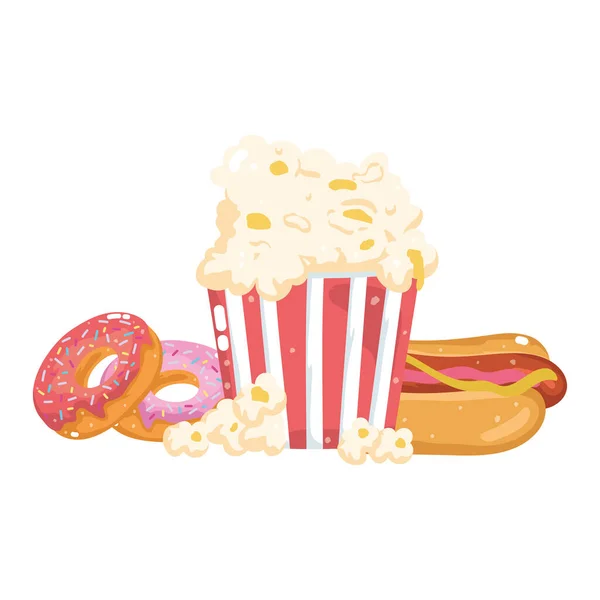 Fast food menu restaurant unhealthy popcorn hot dog and donuts — Stock Vector