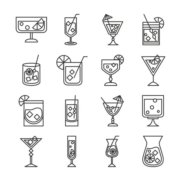 Cóctel icono bebida alcohol refrescante copas de vidrio celebración evento fiesta iconos conjunto — Vector de stock