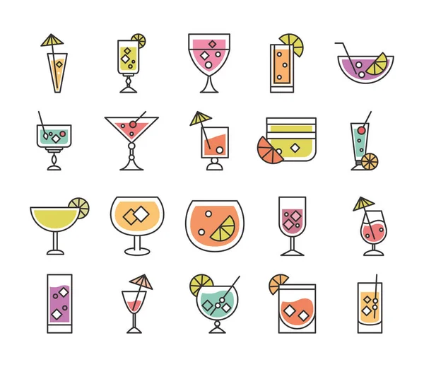 Cocktail Ikone Likör Erfrischung Alkohol Glas Tassen Eisgetränke Ikonen Set — Stockvektor