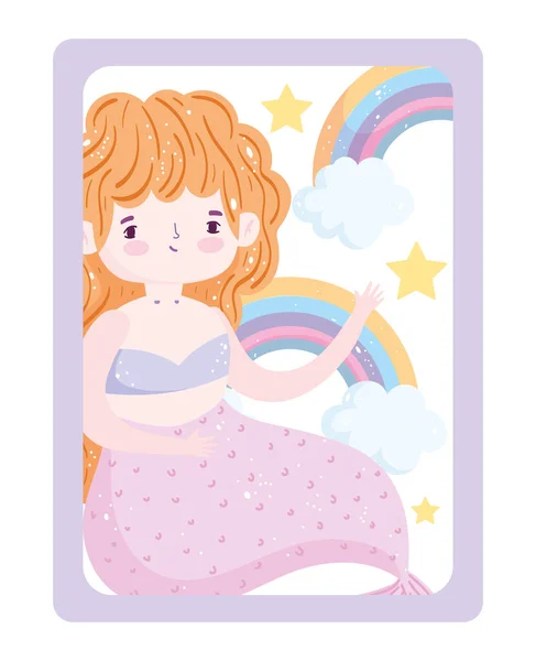 Lindo sirenita rosa cola arco iris estrellas nubes dibujos animados — Vector de stock