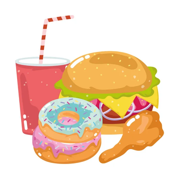 Fast food hamburger beignets poulet et soda menu restaurant malsain — Image vectorielle