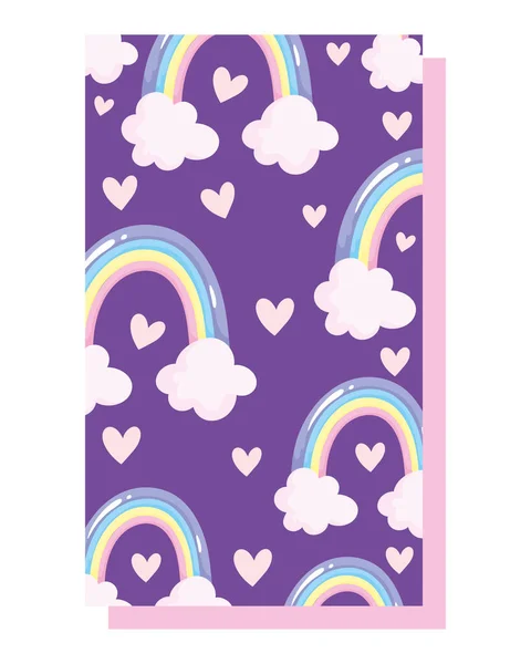 Amor corazones románticos arco iris nube decoración dibujos animados púrpura fondo — Vector de stock