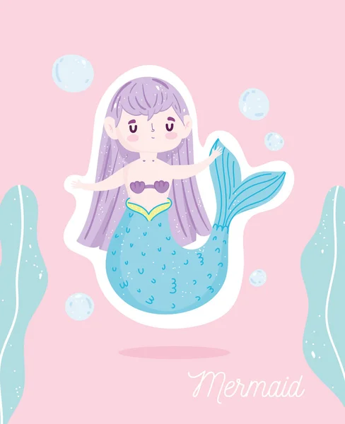 Mignonne petite sirène algues bulles mer dessin animé — Image vectorielle