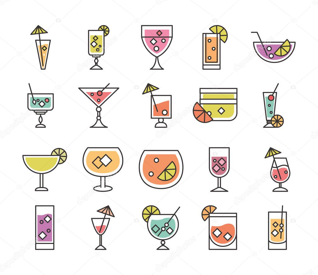 cocktail icon liquor refreshing alcohol glass cups iced drinks icons set