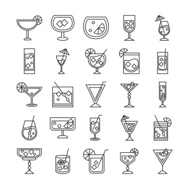 Kokteyl ikonu likör ferahlatıcı içki bardakları, meyveli dondurma şemsiyeleri, ikonlar.