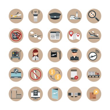 Havaalanı taşımacılık terminali turizmi veya iş uçağı şapkası pilot pasaport bileti bloğu ve düz stil simgeleri