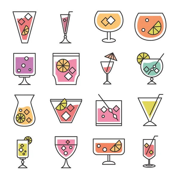 Cocktail icon drink liquor alcohol glass cups delicious beverages icons set — Stock Vector