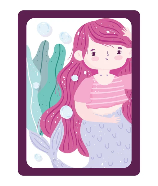 Lindo pequeño personaje de dibujos animados sirena bajo el mar — Vector de stock