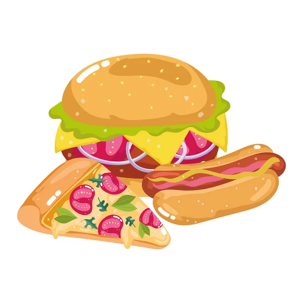 Fast food pizza hot dog et hamburger menu restaurant malsain — Image vectorielle