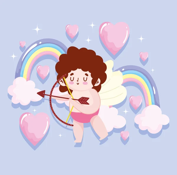 Amour Cupidon avec des ailes tir flèche arc-en-ciel coeurs bande dessinée romantique — Image vectorielle