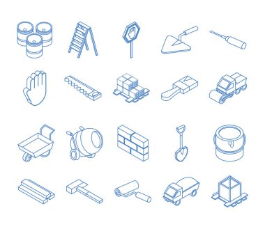 İzometrik tamir aleti ve ekipman varilleri merdiven fırça kovası çekiç çekiç düz tornavida simgeleri