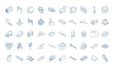 İzometrik onarım çalışma aracı ve ekipman tuğla bariyer levha tahta kürek tornavida düz disk biçim simgeleri ayarlandı