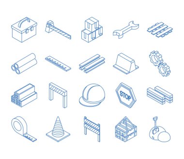 İzometrik onarım çalışma aracı ve ekipman kutusu bariyer kutuları İngiliz hekmet ölçü mezurası düz bant simgeleri ayarlandı