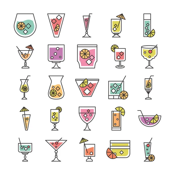 Cóctel icono bebida licor alcohol vidrio fresco tazas partido iconos conjunto — Vector de stock