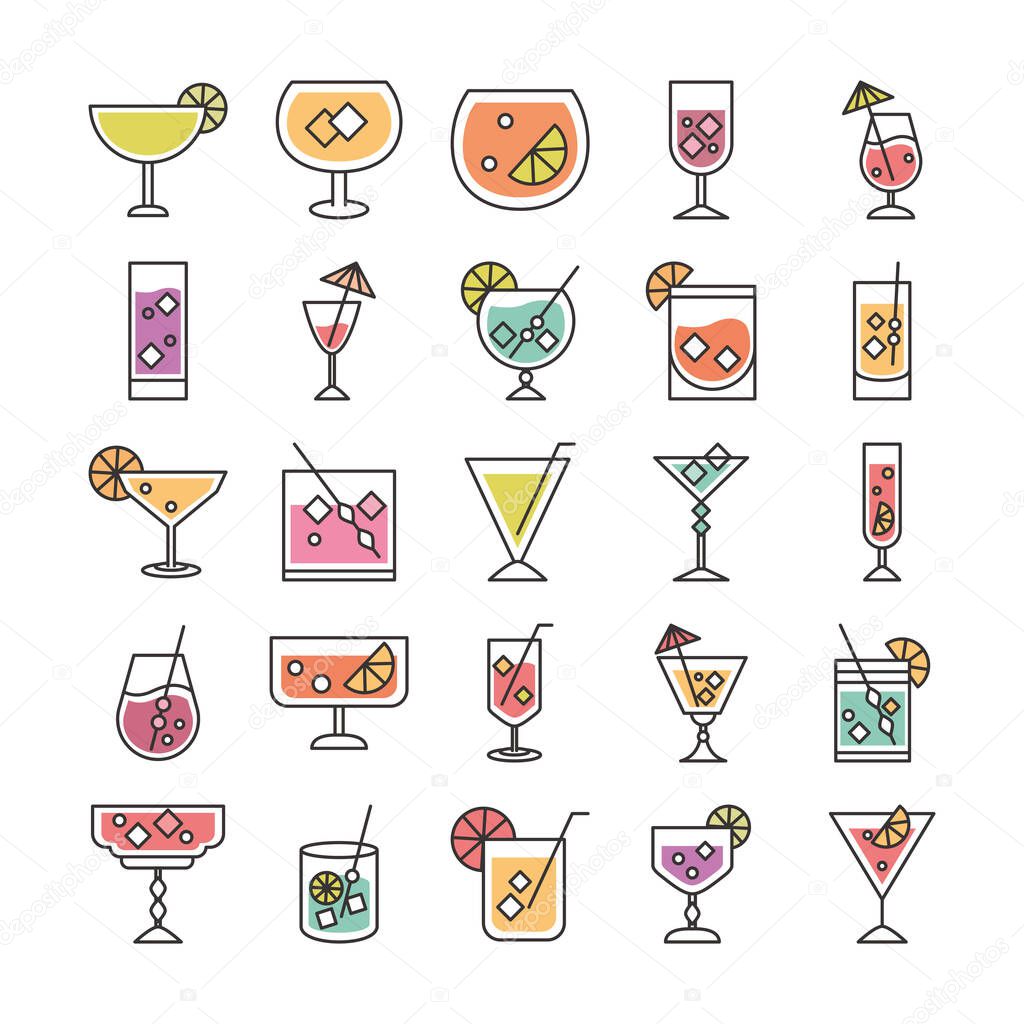 cocktail icon drink liquor refreshing alcohol glass cups berry fruits ice cubes umbrellas icons set