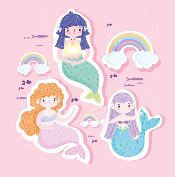 Mignonnes petites sirènes arc-en-ciel nuages poissons décoration dessin animé — Image vectorielle