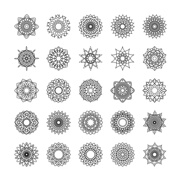 Mandala dekorasyon süslemesi çiçek motifi etnik doğu çizgisi tarzı simge seti — Stok Vektör