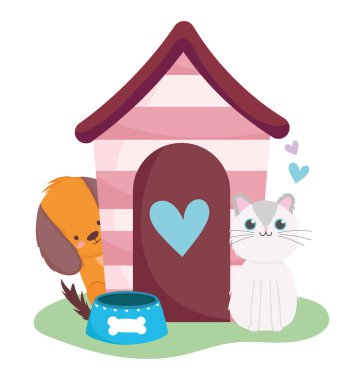 Evcil hayvan dükkanı, sevimli kedi ve köpek ve ev hayvanı çizgi filmi.