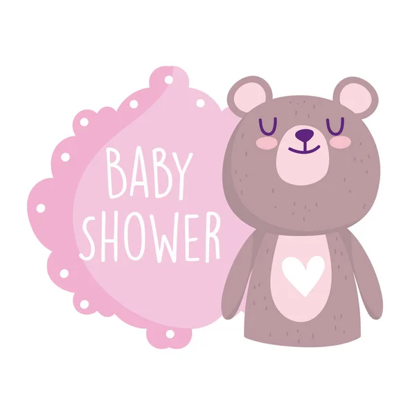 Bebé ducha, lindo oso animal corazón hermosa tarjeta de felicitación de dibujos animados — Vector de stock