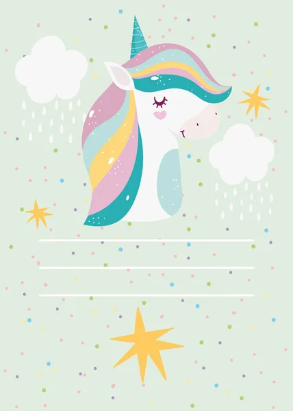 Happy birthday unicorn cartoon green horn stars invitation card — стоковый вектор