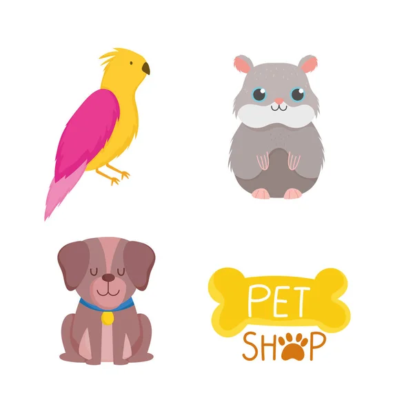 Pet shop, bonito cão hamster pássaro osso ícones desenho animado fundo branco —  Vetores de Stock