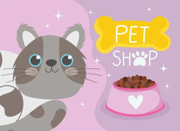 Loja de animais, gato cinza manchado e tigela de alimentos desenhos animados animal doméstico —  Vetores de Stock