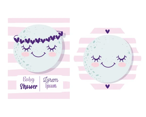 Ducha de bebé, linda luna con la corona de corazones de dibujos animados, tarjeta de invitación tema — Vector de stock