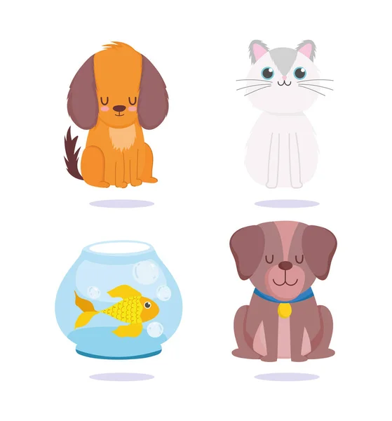 Sklep zoologiczny, słodkie psy kot i ryby w kryształowej misce zwierząt domowych kreskówki — Wektor stockowy