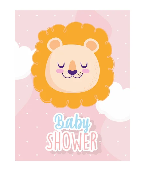 Baby dusch, söt ansikte lejon moln hjärtan bakgrund tecknad, tema inbjudan kort — Stock vektor