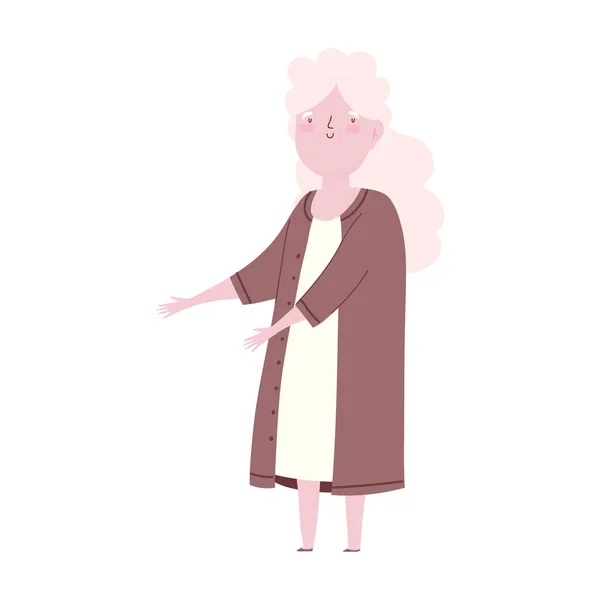 Donna anziana nonna capelli lunghi personaggio dei cartoni animati isoated icon design — Vettoriale Stock