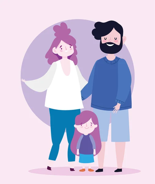 Pais da família com a filha de pé juntos personagem de desenho animado —  Vetores de Stock
