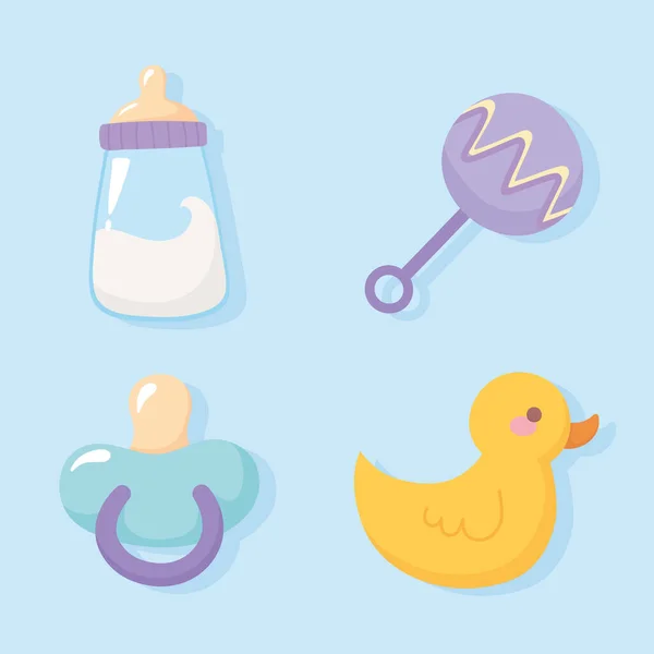Baby dusch, anka skallra napp och mjölk flaska välkomna nyfödda firande ikoner — Stock vektor