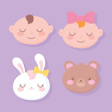 Bebek partisi, tatlı küçük kız oğlan tavşan ve ayı yeni doğan bebek kutlaması kartı.