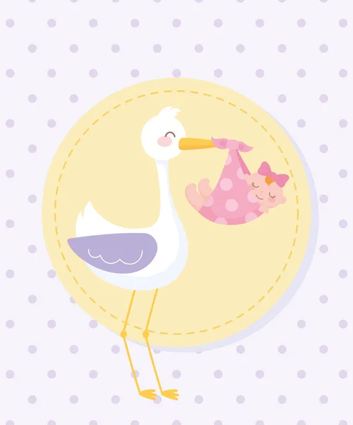 Baby shower, bocian z małą dziewczynką w kocu, powitanie noworodka banner uroczystości — Wektor stockowy