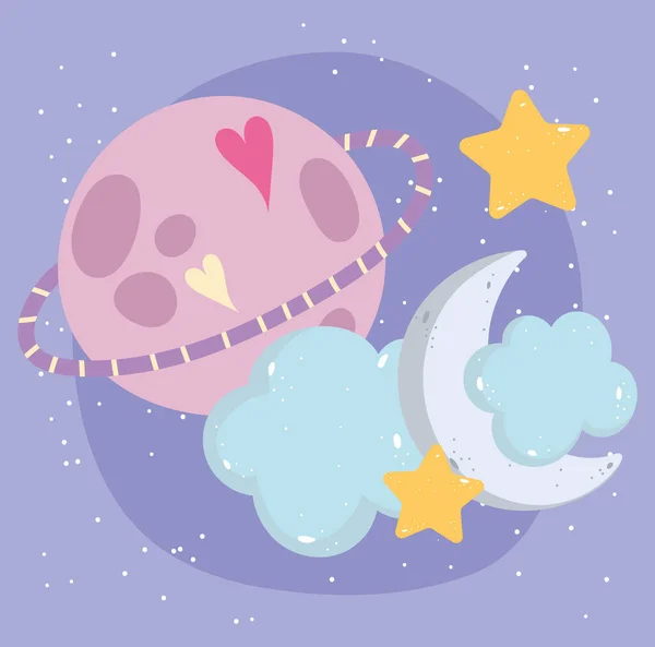 Dibujos animados saturno planeta nube media luna estrellas corazón imagen — Vector de stock