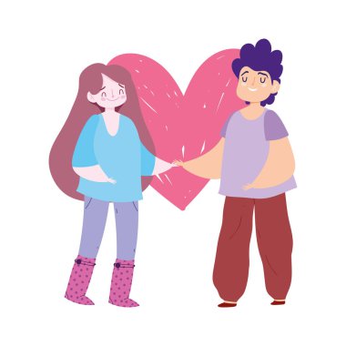 Romantik çift, kalp çizgi film dizaynı.