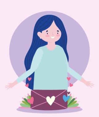 Genç kadın zarf kalpleri romantik karikatür imajını sever.