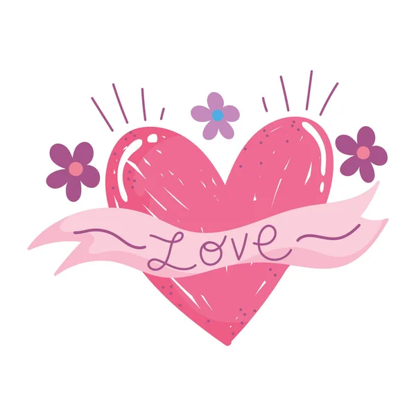 Corazón amor flores romántico dibujos animados tarjeta de diseño — Vector de stock