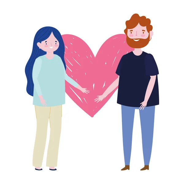 Joven pareja corazón amor romántico dibujo animado imagen — Archivo Imágenes Vectoriales