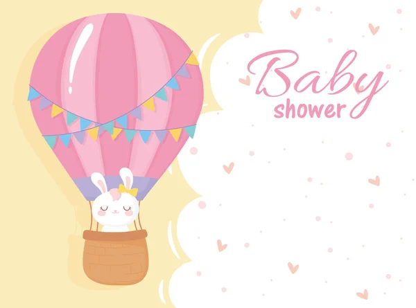 Baby shower, white rabbit in air balloon welcome newborn celebration card — Stock Vector