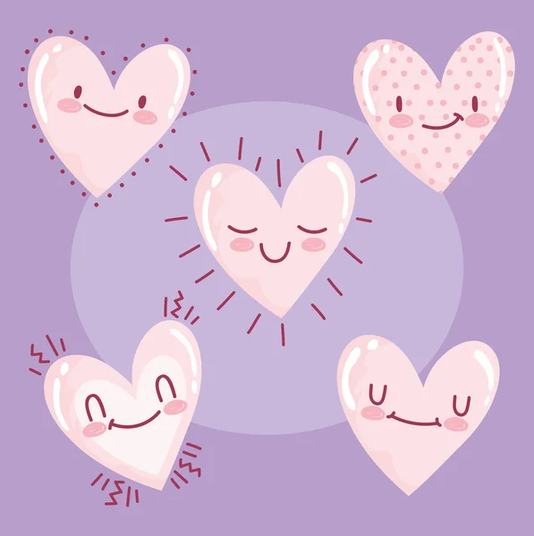 Amor corações românticos desenhos animados expressão feliz ícones roxo fundo —  Vetores de Stock