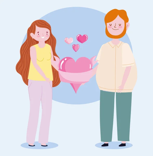 Familia joven hombre y mujer sosteniendo el amor del corazón juntos personaje de dibujos animados — Vector de stock