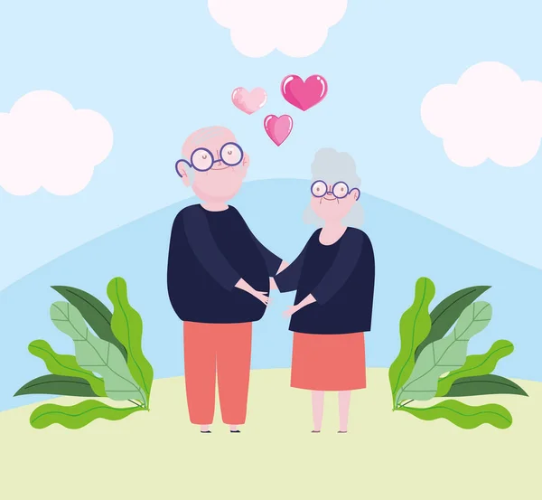 Χαριτωμένο ζευγάρι παππούδες με καρδιά και κορδέλα αγάπη ρομαντικό σχέδιο κινουμένων σχεδίων — Διανυσματικό Αρχείο