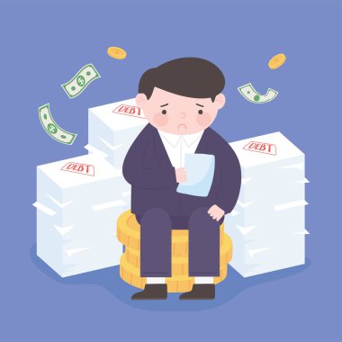 İflas eden üzgün işadamı, yığınla evrak borcu, düşen para işi finansal krizi.
