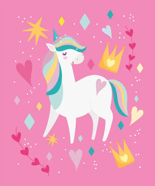 Fantasi unicorn menawan mahkota ajaib hati bintang latar belakang kartun merah muda - Stok Vektor