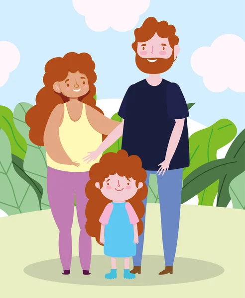 Família pais felizes com a filha pequena juntos personagem de desenho animado —  Vetores de Stock