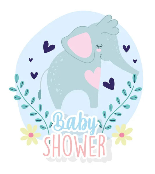 Baby shower, słodkie kwiaty słonia serca urocze zwierzę kreskówki, karta zaproszenie motyw — Wektor stockowy